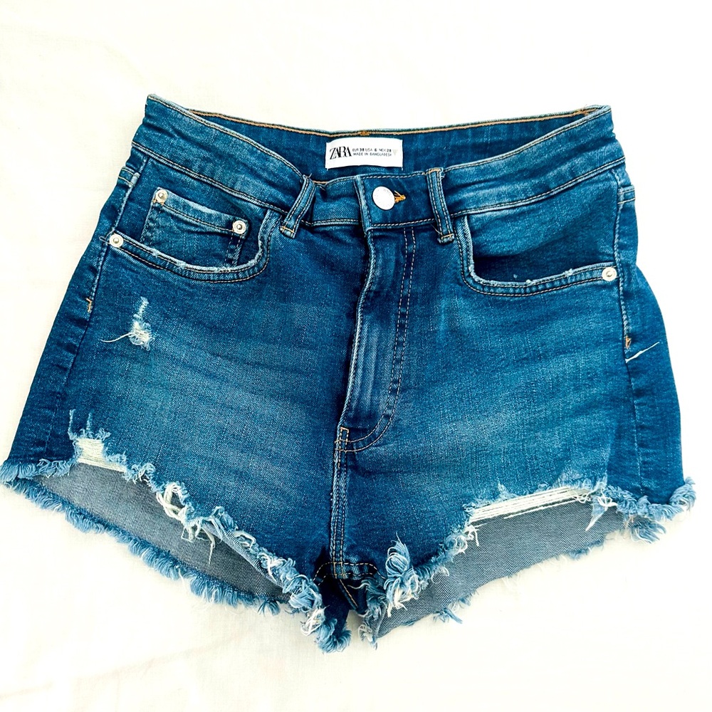 Zara Blue Jean Shorts with Distressed Frayed Hem